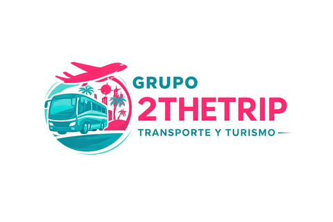 Grupo 2TheTrip logo featuring a tour bus, airplane, and people in a circular design with transport and tourism text